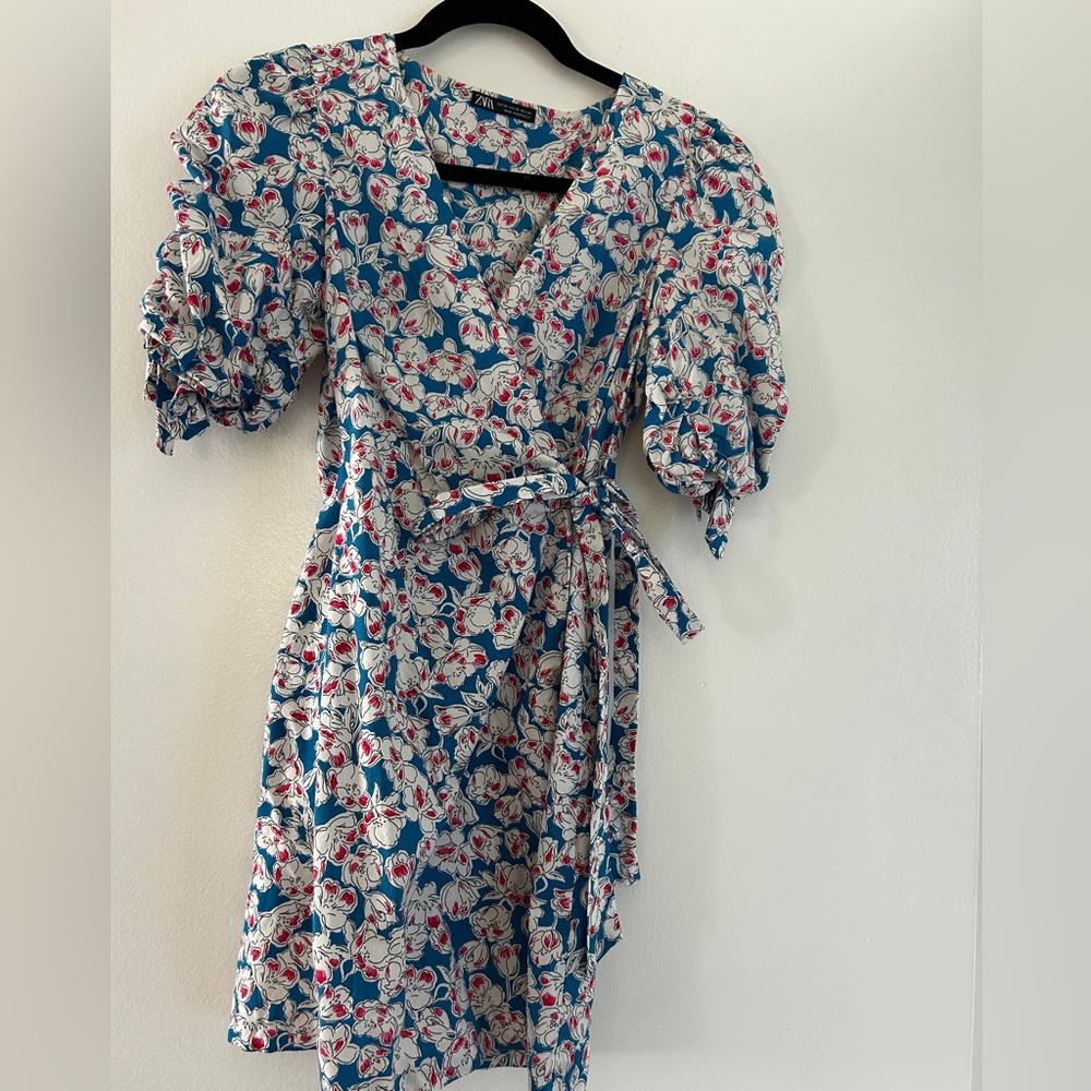 Zara Floral Wrap Dress - Blue and Red